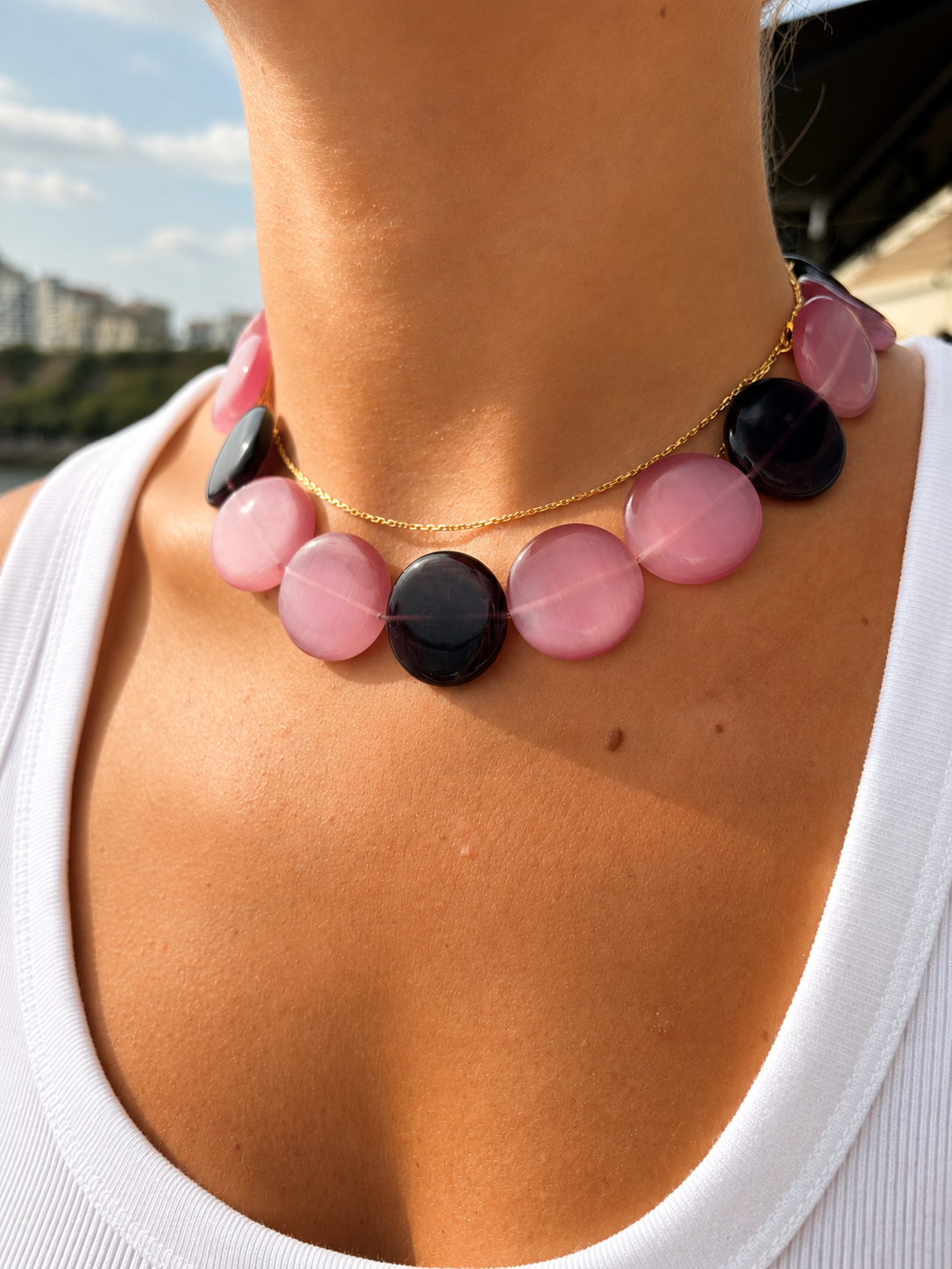 Collier Galet Framboise/Myrtille - Fait main - Perles de verre