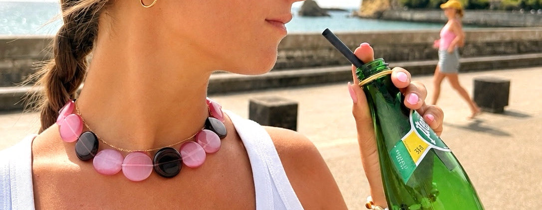 Collier Galet Framboise/Myrtille - Fait main - Perles de verre