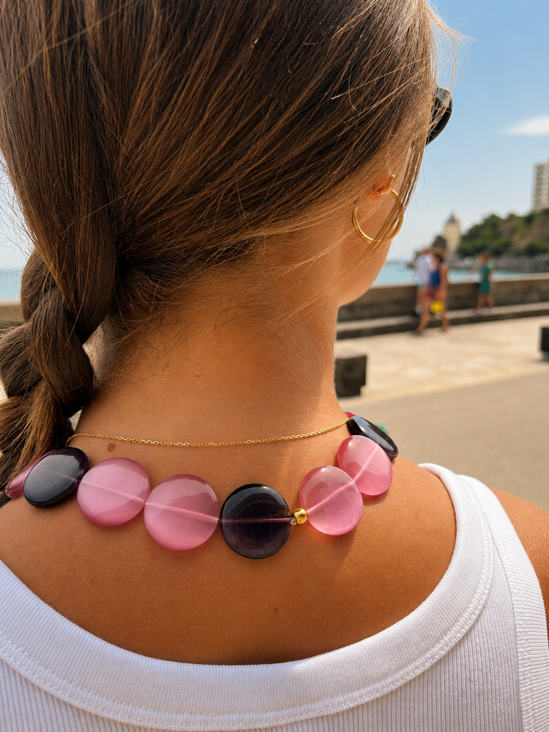 Collier Galet Framboise/Myrtille - Fait main - Perles de verre