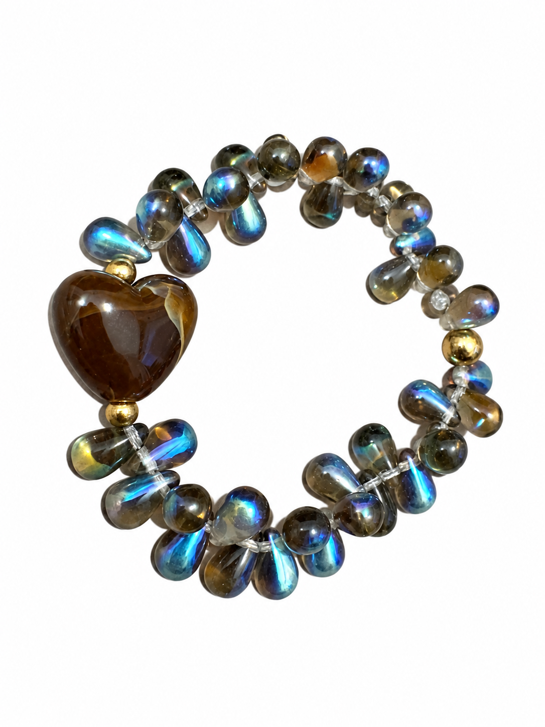 Bracelet Gouttes Love - Gris, marron - Fait main, perles de verre, cœur résine
