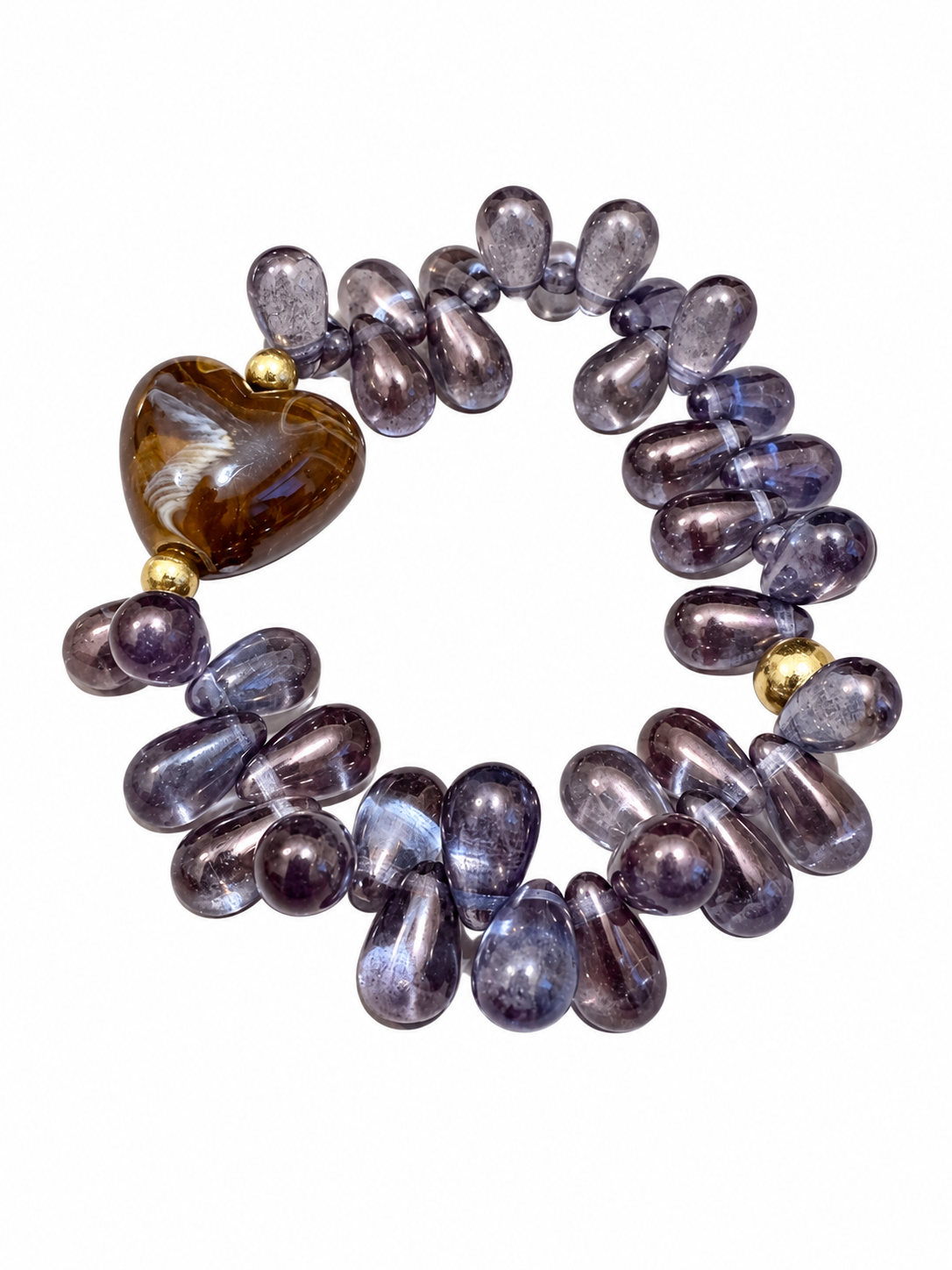 Bracelet Gouttes Love - Lavande, marron - Fait main, perles de verre et cœur résine